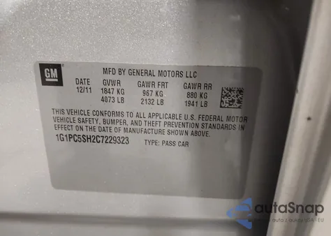 2012 Chevrolet Cruze Ls from USA, damaged, VIN 1G1PC5SH2C7229323